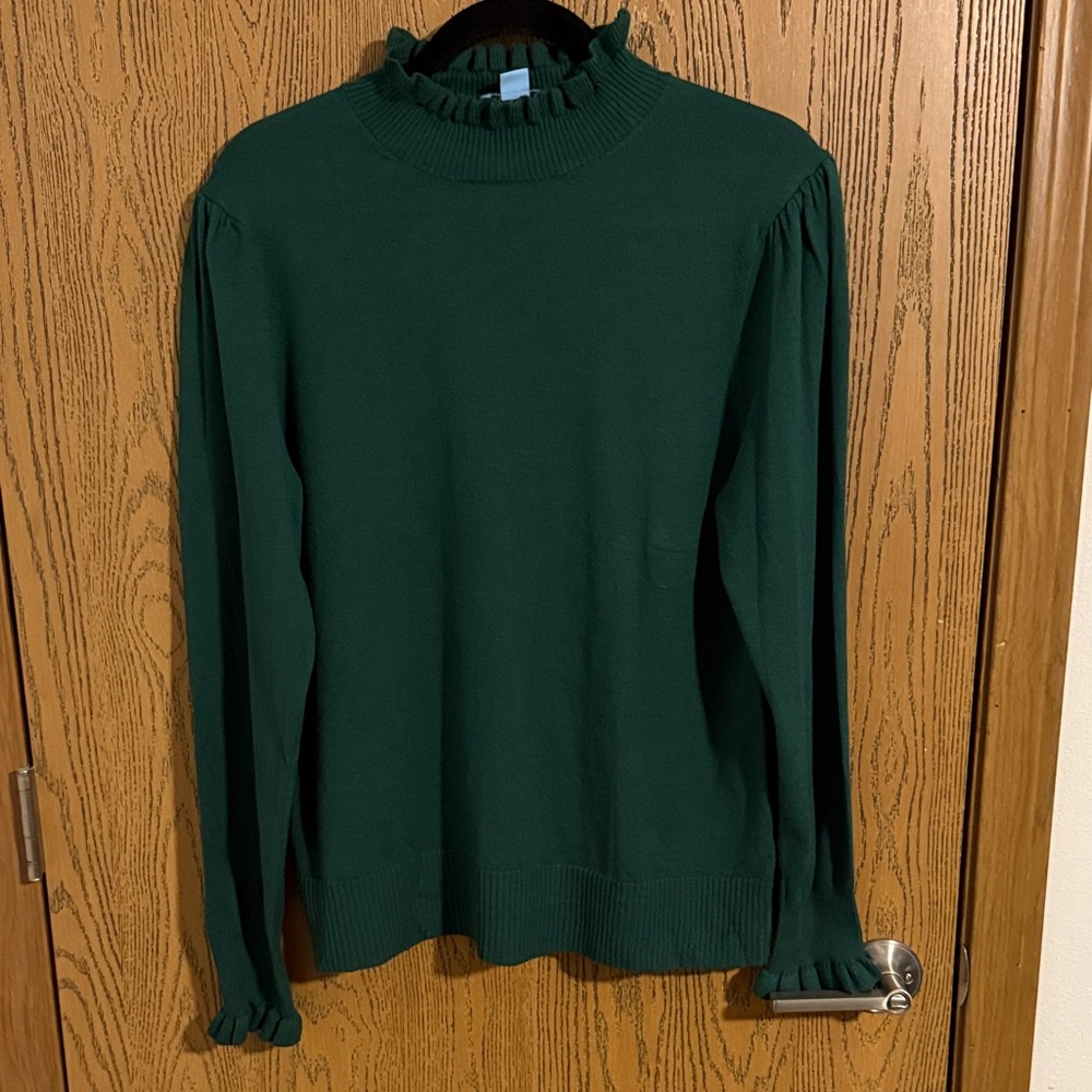 CeCe Forest Green Ruffled Turtleneck Sweater
